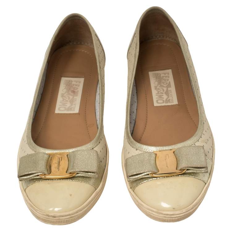 Pre Owned Salvatore Ferragamo Cream Leather Rufina Ballet Flats Size 38