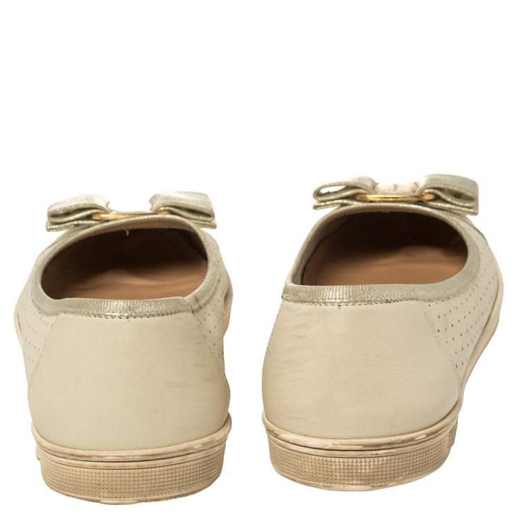 Pre Owned Salvatore Ferragamo Cream Leather Rufina Ballet Flats Size 38