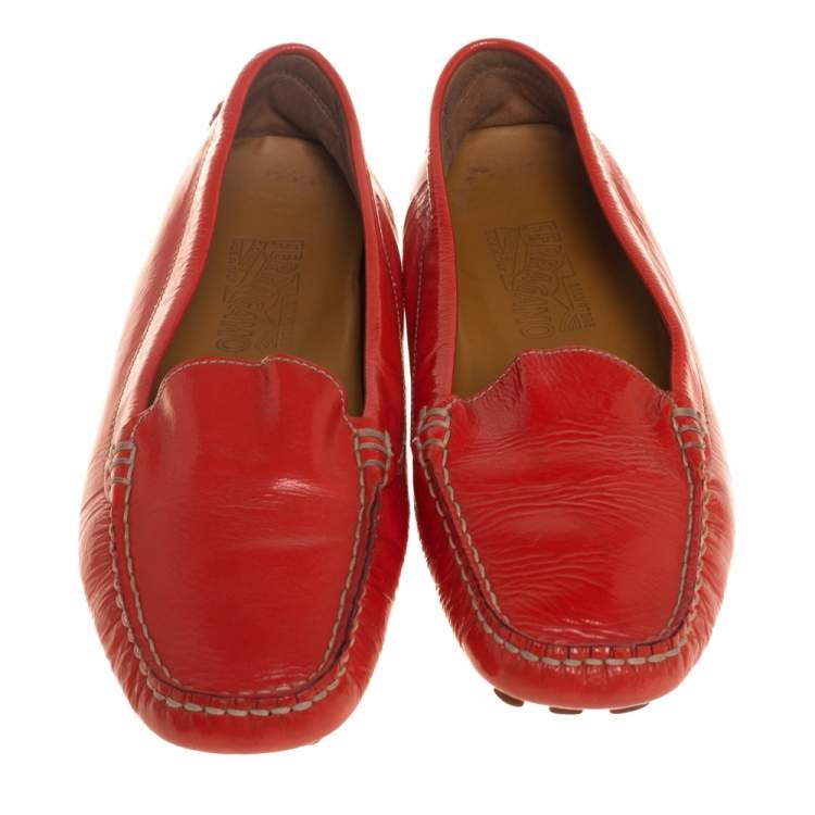Pre Owned Salvatore Ferragamo Orange Patent Leather Slip On Loafers Size 38.5