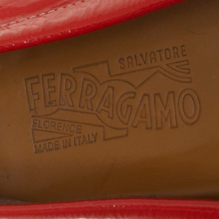Pre Owned Salvatore Ferragamo Orange Patent Leather Slip On Loafers Size 38.5