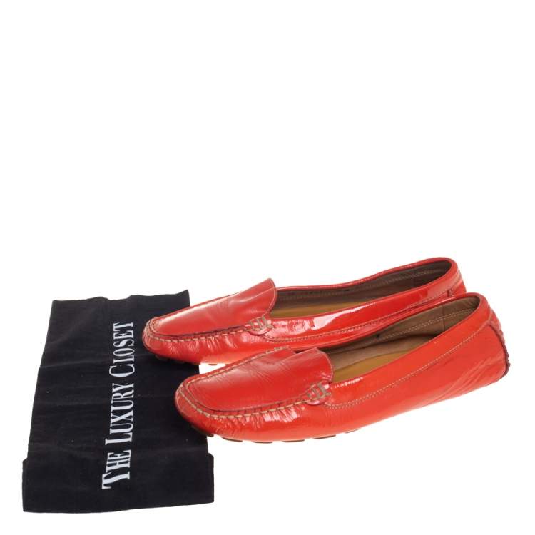 Pre Owned Salvatore Ferragamo Orange Patent Leather Slip On Loafers Size 38.5