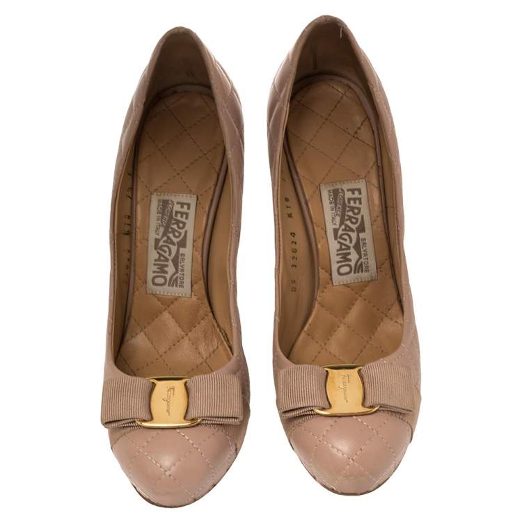 Pre Owned Salvatore Ferragamo Pink Quilted Leather Vara Bow Platform Pumps Size 38