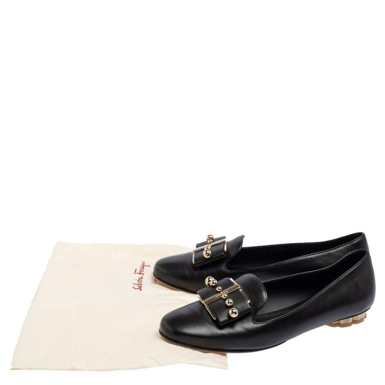 Pre Owned Salvatore Ferragamo Black Leather Sarno Pearl Flats Size 36