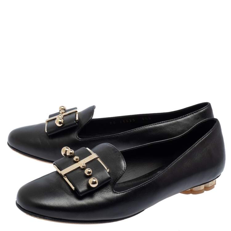 Pre Owned Salvatore Ferragamo Black Leather Sarno Pearl Flats Size 36