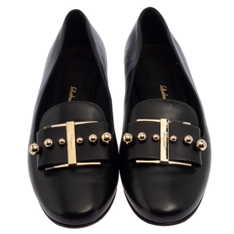 Pre Owned Salvatore Ferragamo Black Leather Sarno Pearl Flats Size 36