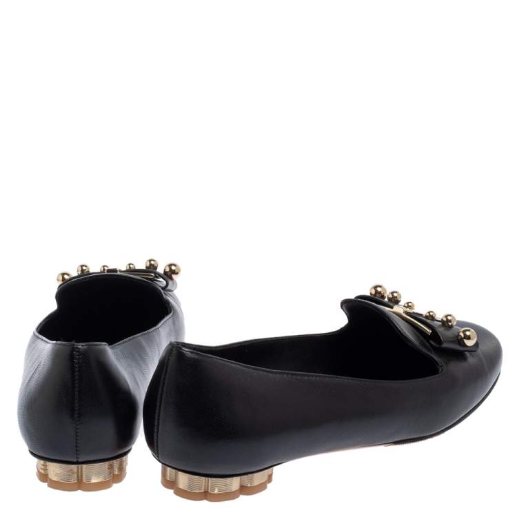 Pre Owned Salvatore Ferragamo Black Leather Sarno Pearl Flats Size 36