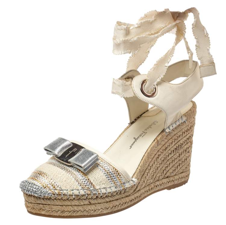 Salvatore Ferragamo Off White Canvas And Leather Bow Espadrille