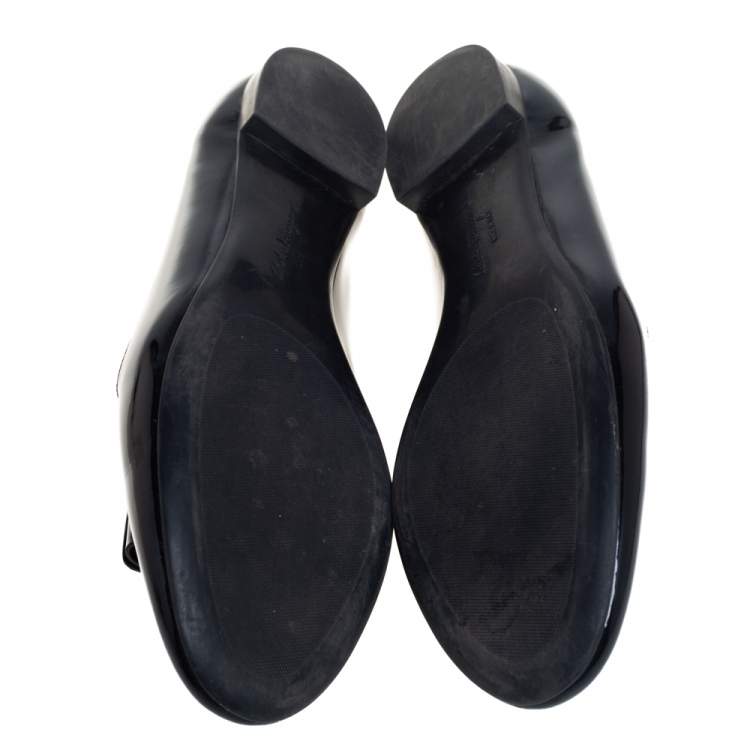 Pre Owned Salvatore Ferragamo Black Patent Leather Vara Bow Smoking Slippers Size 41.5