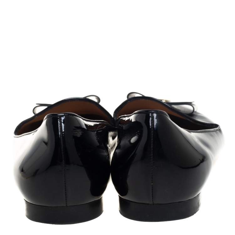 Pre Owned Salvatore Ferragamo Black Patent Leather Vara Bow Smoking Slippers Size 41.5