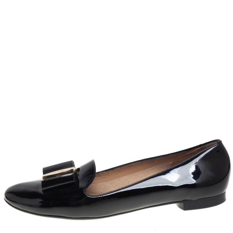 Pre Owned Salvatore Ferragamo Black Patent Leather Vara Bow Smoking Slippers Size 41.5