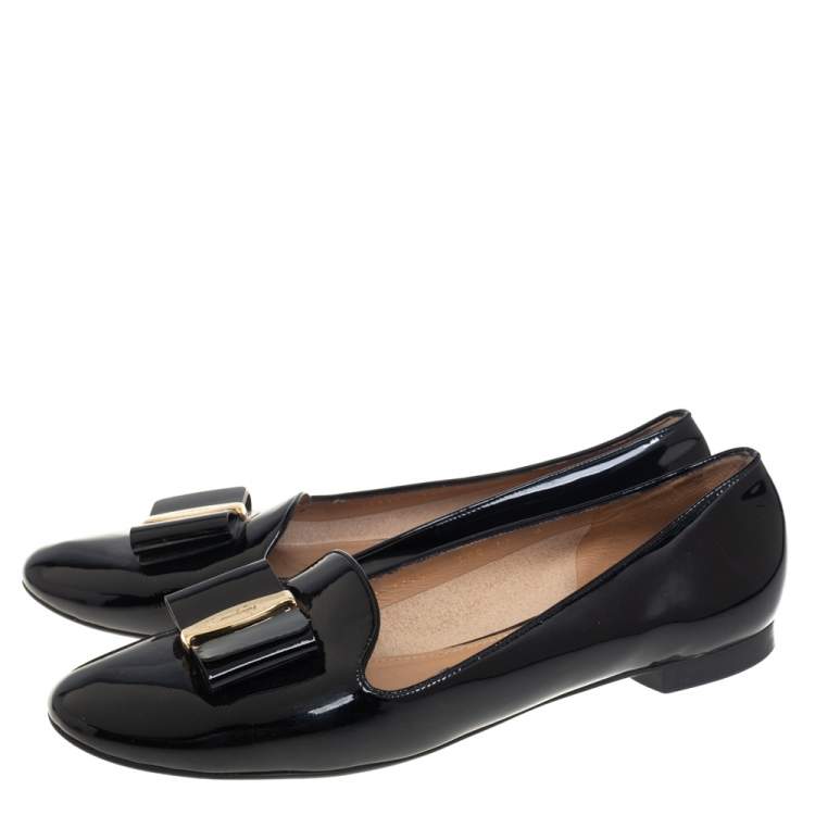 Pre Owned Salvatore Ferragamo Black Patent Leather Vara Bow Smoking Slippers Size 41.5