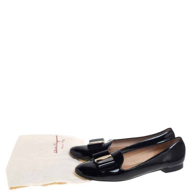 Pre Owned Salvatore Ferragamo Black Patent Leather Vara Bow Smoking Slippers Size 41.5