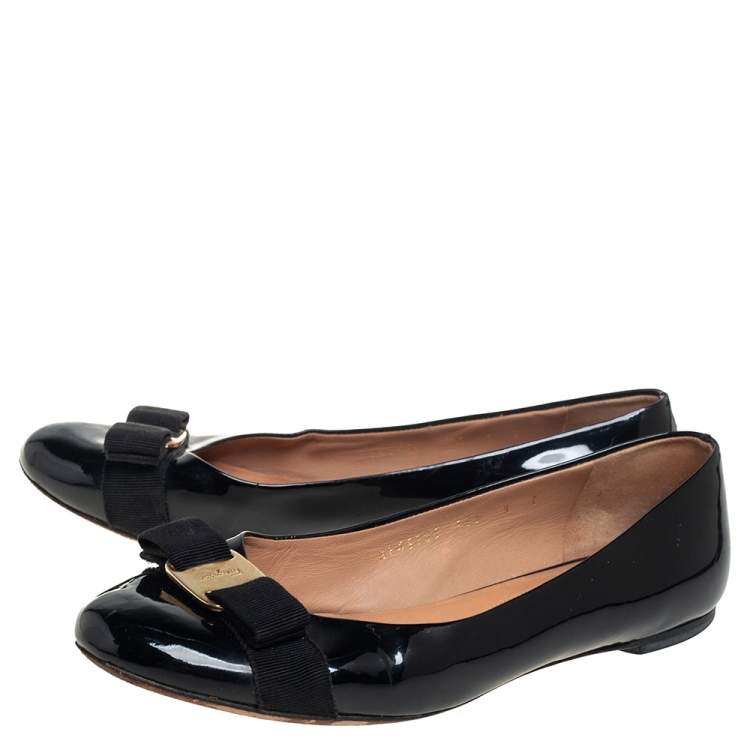 Pre Owned Salvatore Ferragamo Black Patent Leather Vara Bow Ballet Flats Size 39.5