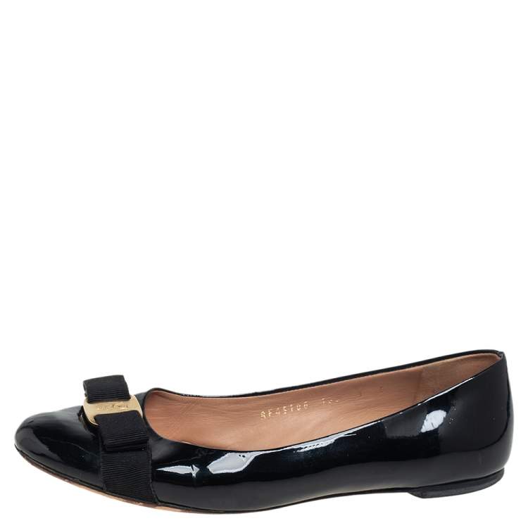 Pre Owned Salvatore Ferragamo Black Patent Leather Vara Bow Ballet Flats Size 39.5