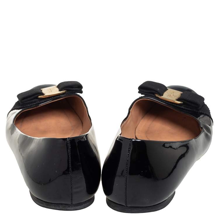 Pre Owned Salvatore Ferragamo Black Patent Leather Vara Bow Ballet Flats Size 39.5
