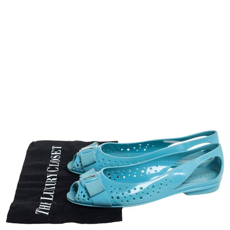 Pre Owned Salvatore Ferragamo Blue Rubber Slip on Flats Size 38.5