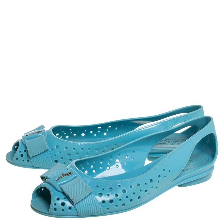 Pre Owned Salvatore Ferragamo Blue Rubber Slip on Flats Size 38.5
