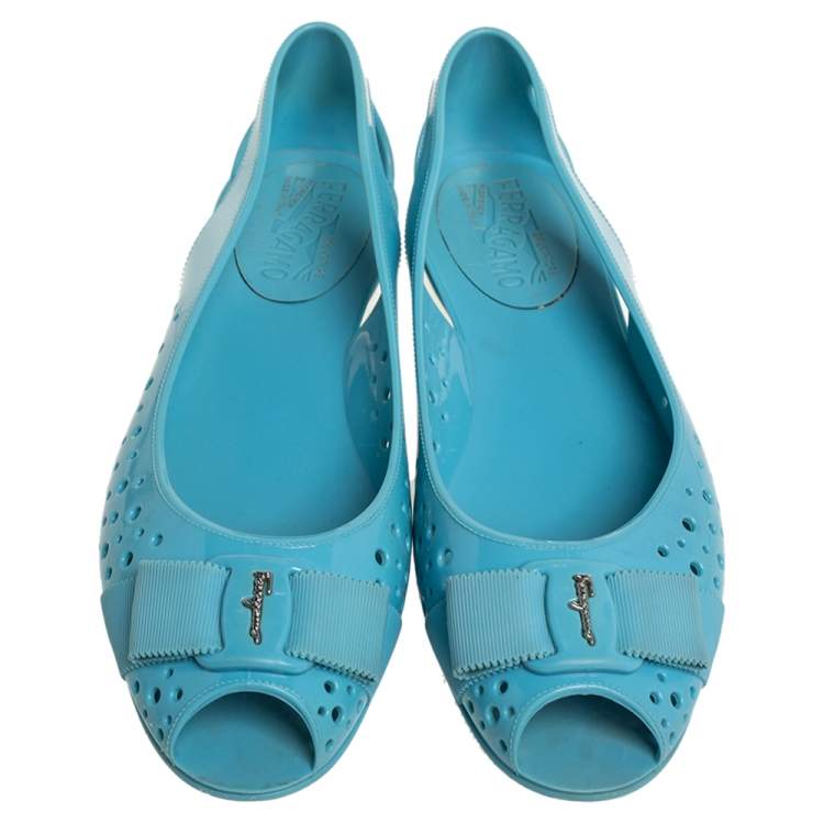 Pre Owned Salvatore Ferragamo Blue Rubber Slip on Flats Size 38.5