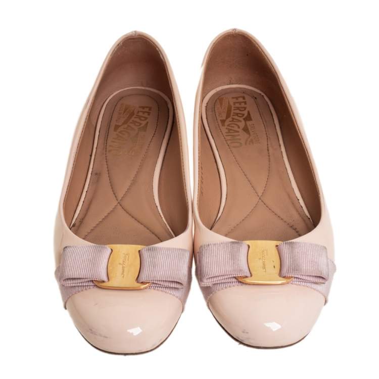 Pre Owned Salvatore Ferragamo Nude Pink Patent Leather Vara Bow Flats Size 37