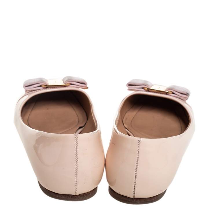 Pre Owned Salvatore Ferragamo Nude Pink Patent Leather Vara Bow Flats Size 37