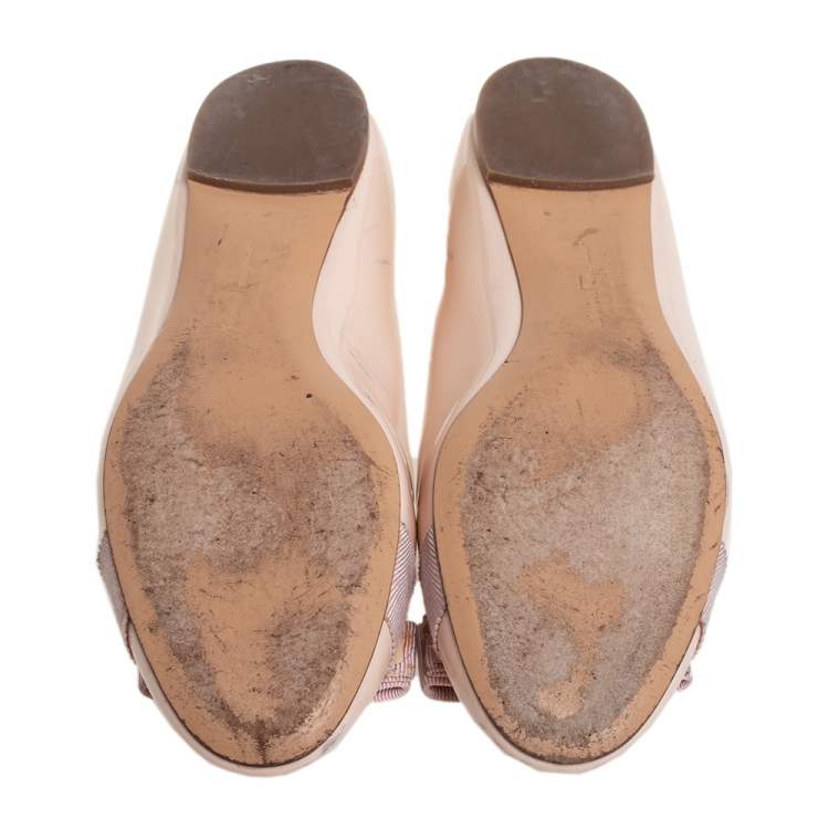 Pre Owned Salvatore Ferragamo Nude Pink Patent Leather Vara Bow Flats Size 37