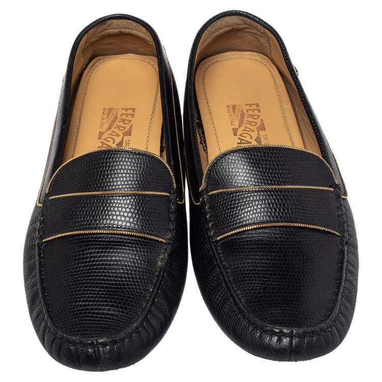Pre Owned Salvatore Ferragamo Black Lizard Embossed Leather Slip On Loafers Size 40.5