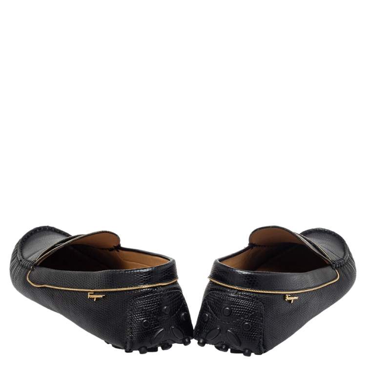 Pre Owned Salvatore Ferragamo Black Lizard Embossed Leather Slip On Loafers Size 40.5