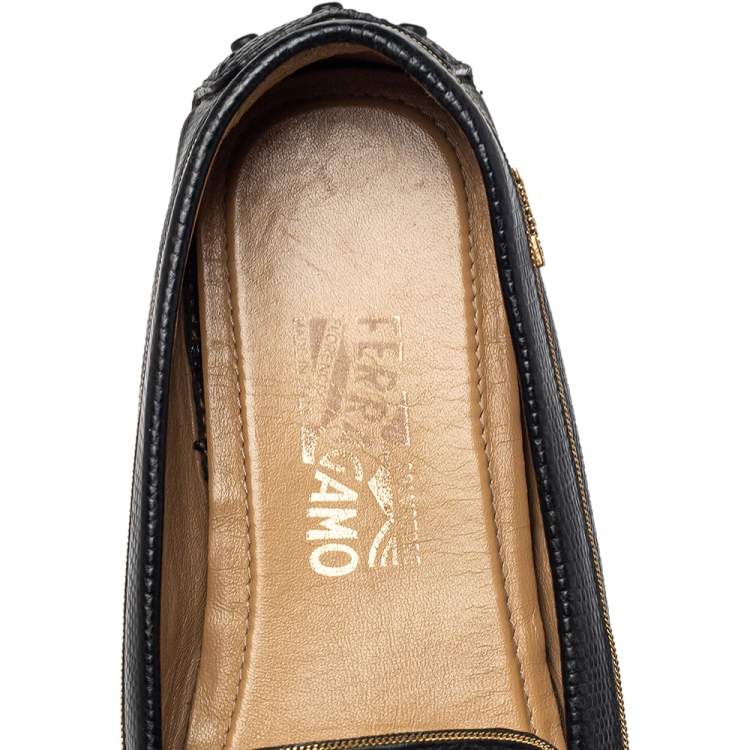 Pre Owned Salvatore Ferragamo Black Lizard Embossed Leather Slip On Loafers Size 40.5