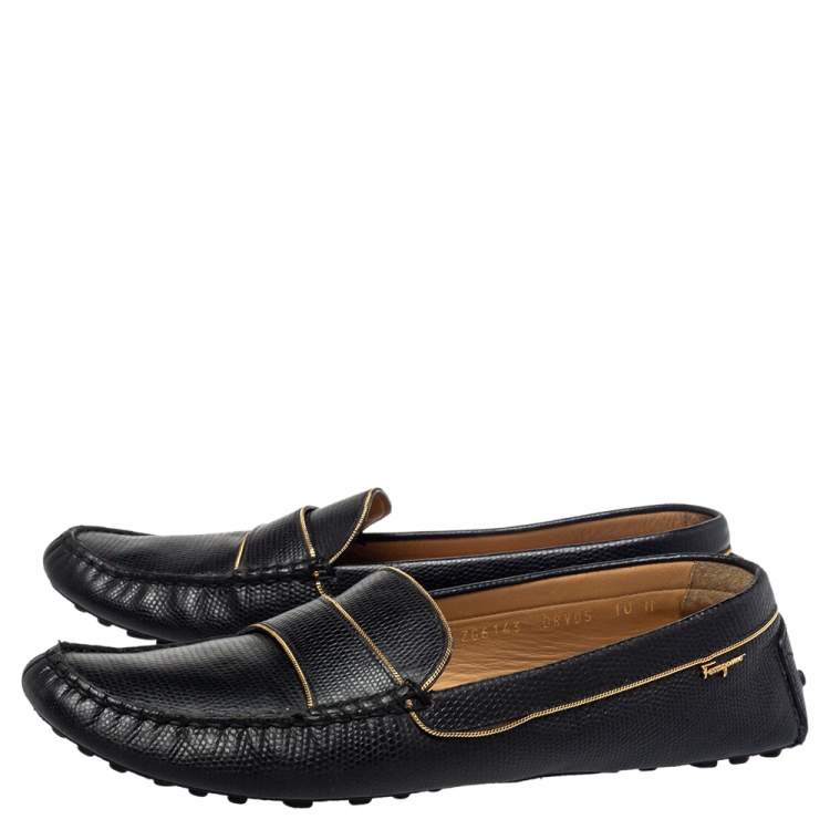 Pre Owned Salvatore Ferragamo Black Lizard Embossed Leather Slip On Loafers Size 40.5