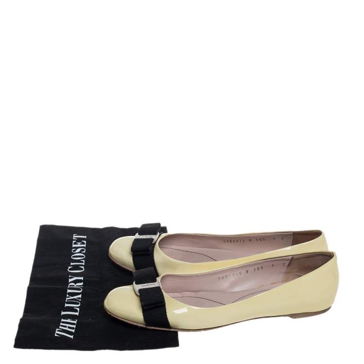 Pre Owned Salvatore Ferragamo Yellow Patent Leather Vara Bow Ballet Flats Size 38.5