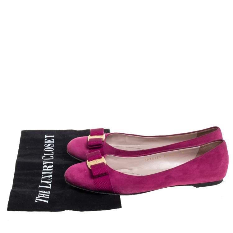 Pre Owned Salvatore Ferragamo Purple Suede Vara Bow Ballet Flats Size 38.5