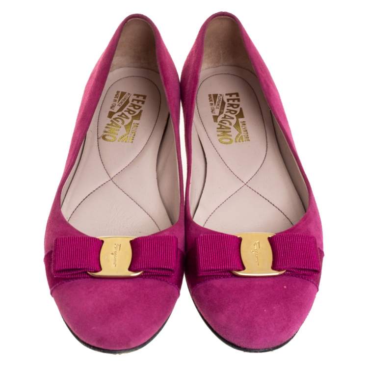 Pre Owned Salvatore Ferragamo Purple Suede Vara Bow Ballet Flats Size 38.5