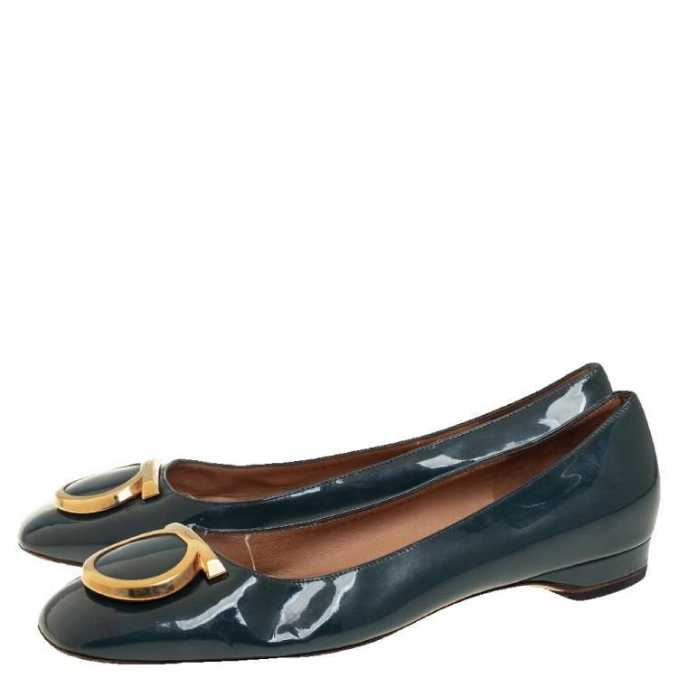 Pre Owned Salvatore Ferragamo Teal Blue Patent Leather Flats Size 38