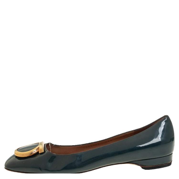 Salvatore Ferragamo Navy Blue Leather Pim Chain Ballet Flats Size