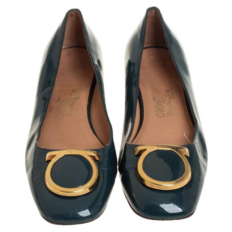Pre Owned Salvatore Ferragamo Teal Blue Patent Leather Flats Size 38