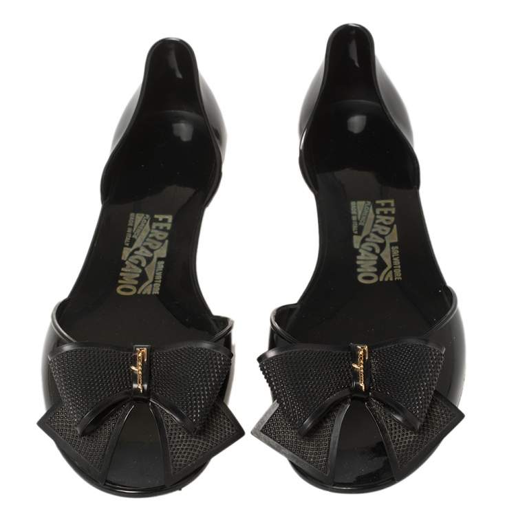 Pre Owned Salvatore Ferragamo Black Rubber Barbados Bow Flats Size 38.5