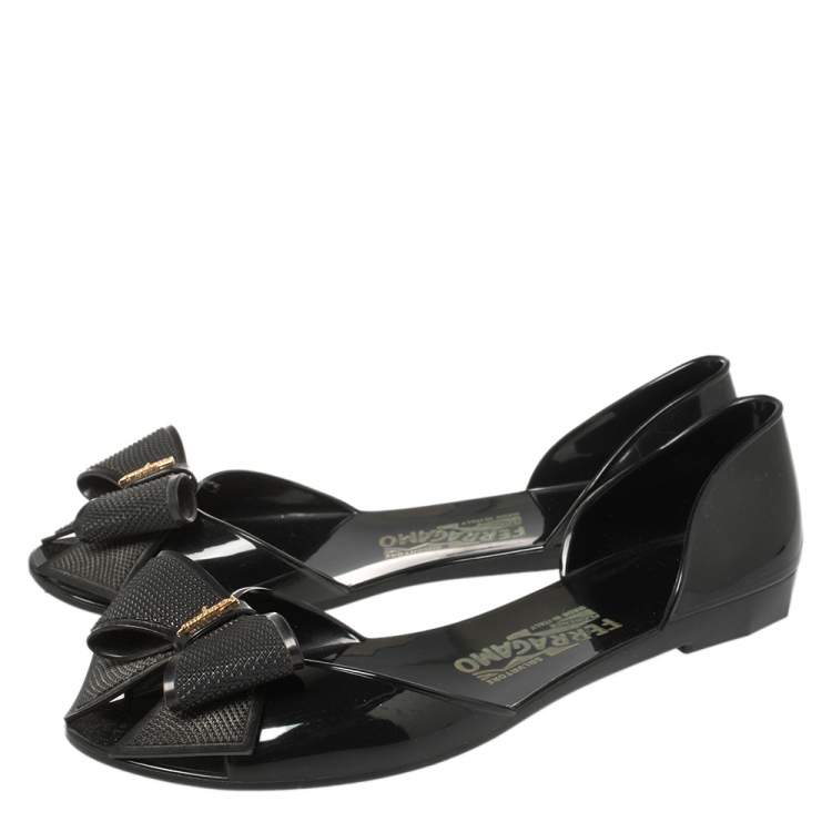 Pre Owned Salvatore Ferragamo Black Rubber Barbados Bow Flats Size 38.5
