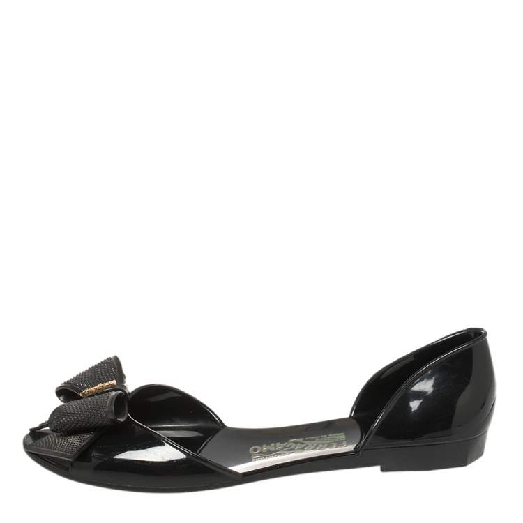 Pre Owned Salvatore Ferragamo Black Rubber Barbados Bow Flats Size 38.5