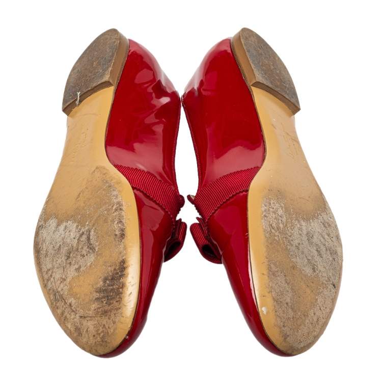 Pre Owned Salvatore Ferragamo Red Patent Leather Bow Loafers Size 39.5