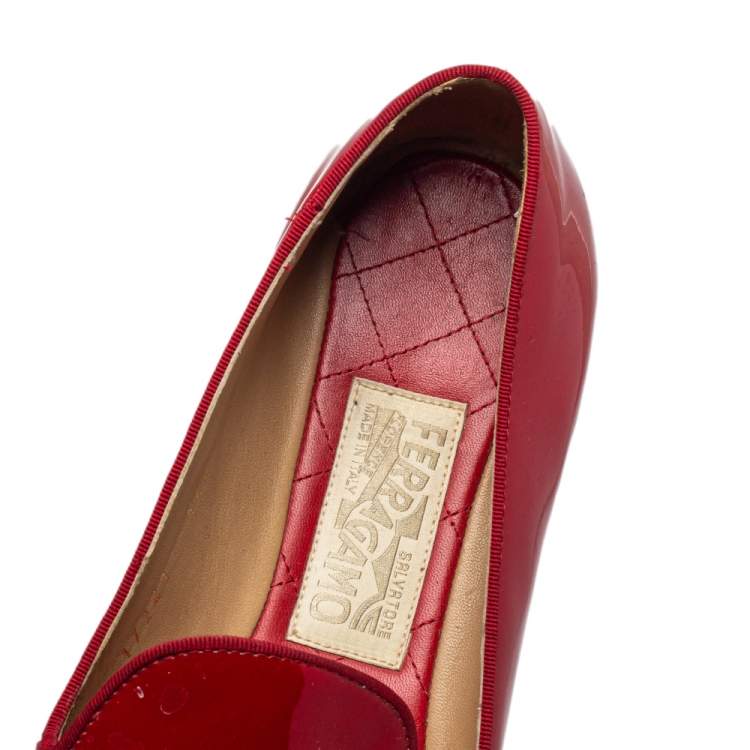 Pre Owned Salvatore Ferragamo Red Patent Leather Bow Loafers Size 39.5