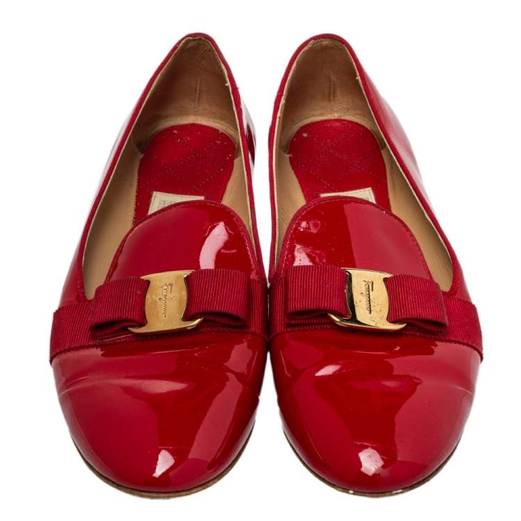Pre Owned Salvatore Ferragamo Red Patent Leather Bow Loafers Size 39.5