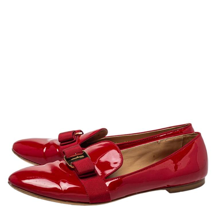 Pre Owned Salvatore Ferragamo Red Patent Leather Bow Loafers Size 39.5