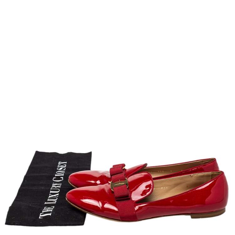 Pre Owned Salvatore Ferragamo Red Patent Leather Bow Loafers Size 39.5