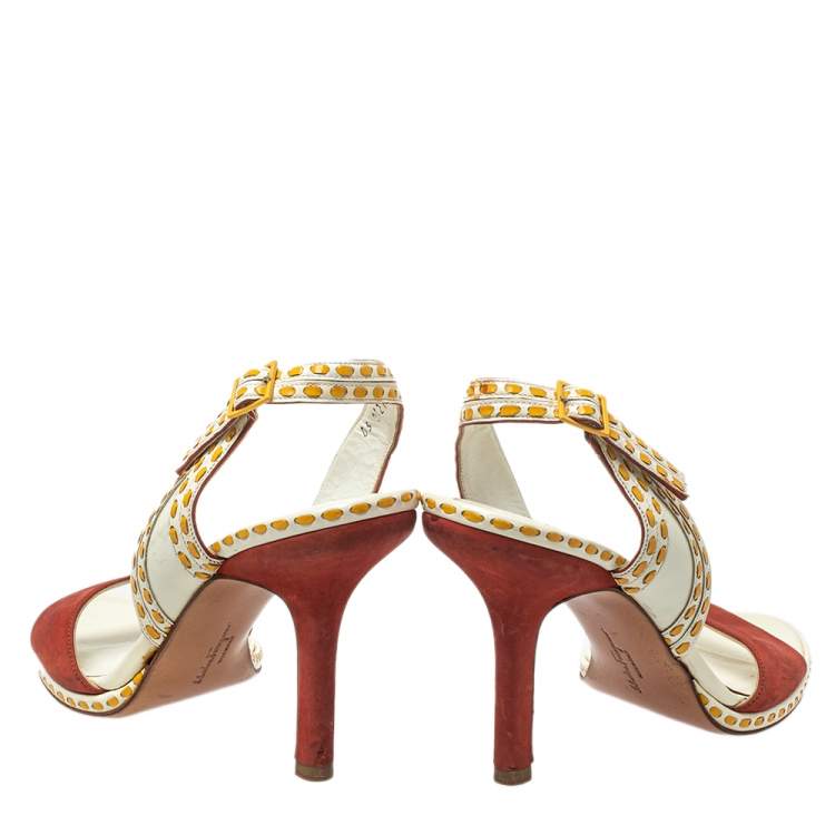 Pre Owned Salvatore Ferragamo Orange/White Patent And Leather Slingback Sandals Size 39.5