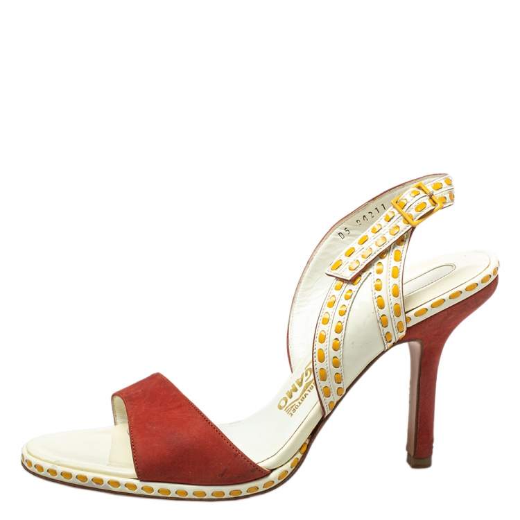 Pre Owned Salvatore Ferragamo Orange/White Patent And Leather Slingback Sandals Size 39.5