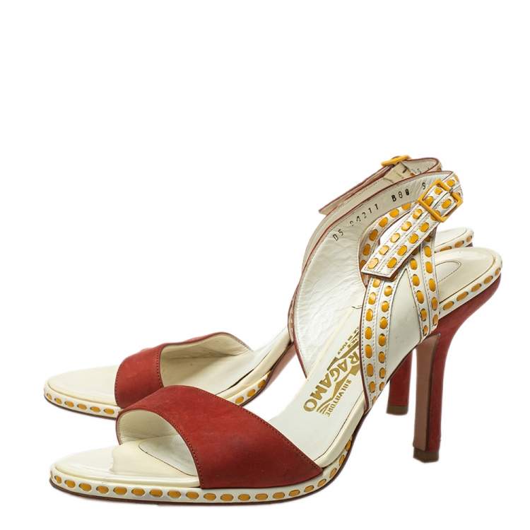 Pre Owned Salvatore Ferragamo Orange/White Patent And Leather Slingback Sandals Size 39.5
