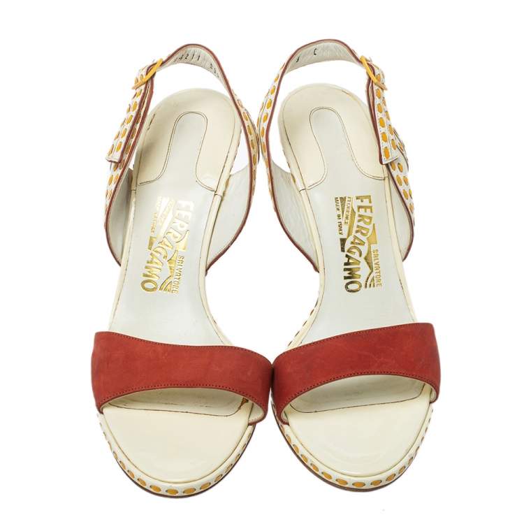 Pre Owned Salvatore Ferragamo Orange/White Patent And Leather Slingback Sandals Size 39.5