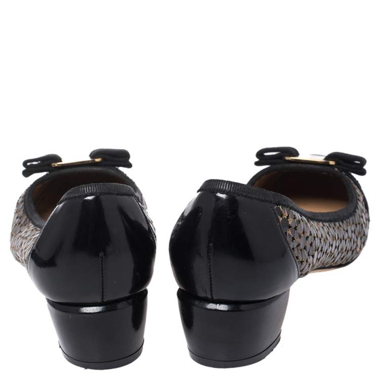 Pre Owned Salvatore Ferragamo Black Floral Perforated Patent Leather Vara Bow Pumps Size 38