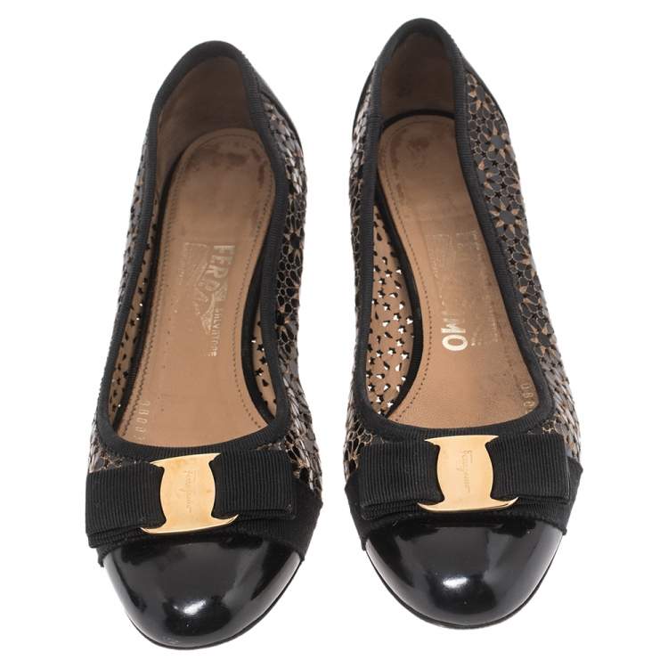 Pre Owned Salvatore Ferragamo Black Floral Perforated Patent Leather Vara Bow Pumps Size 38