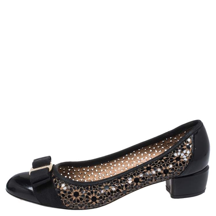 Vara embellished patent-trimmed quilted leather pumps